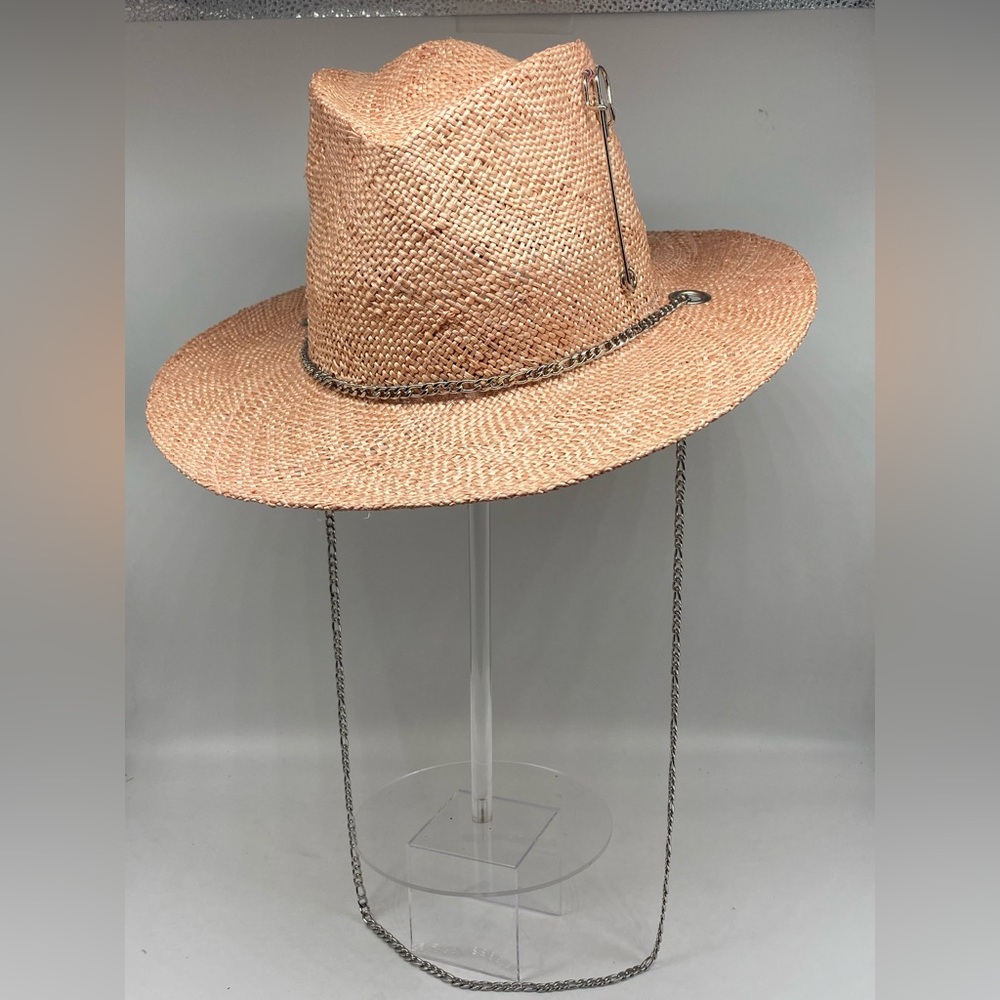 Straw Fedora Hat with Chain Accent - Pink